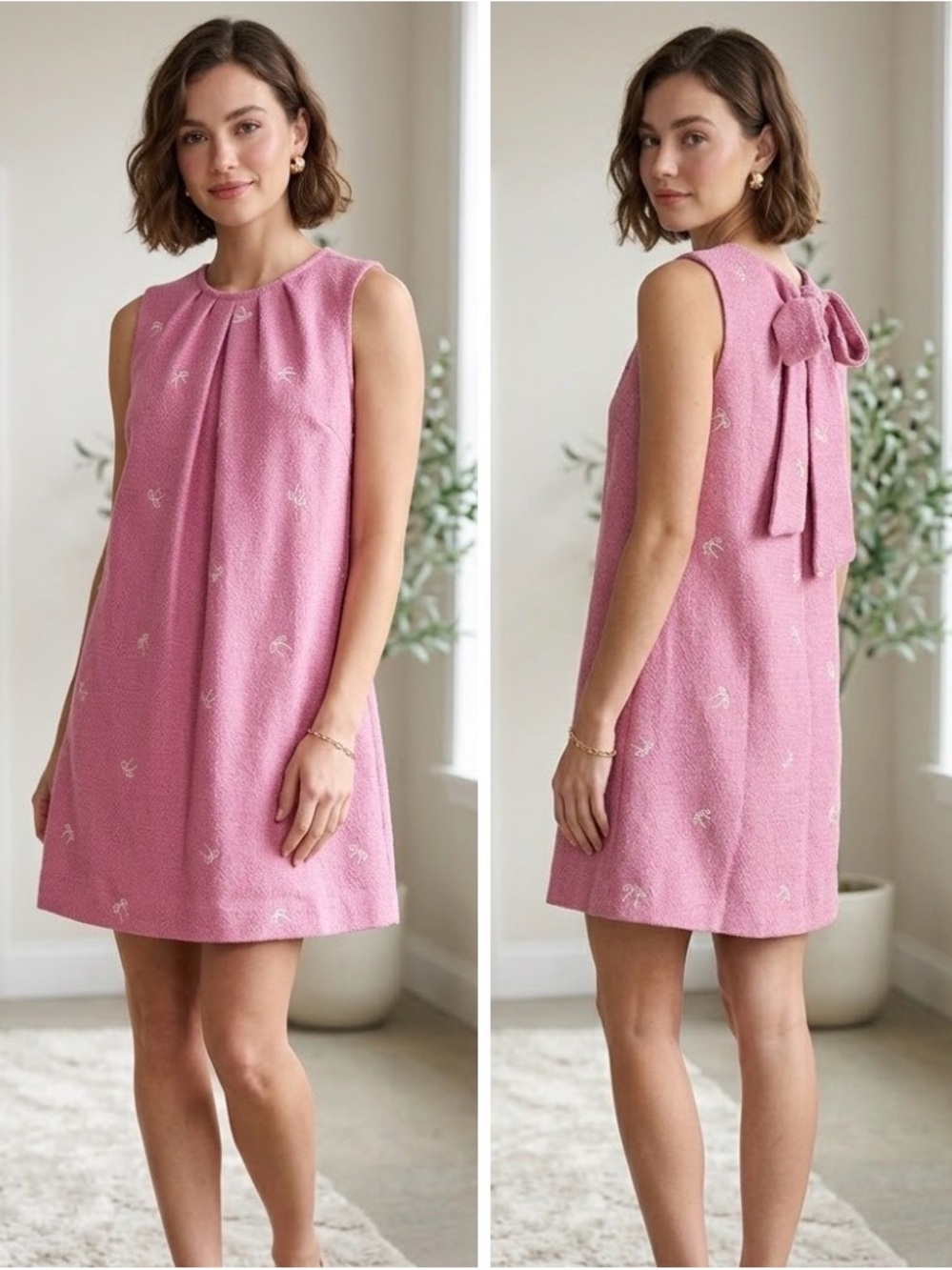 Umgee S Coquette Pink Tweed Dress W/ Back Bow Detail Pretty Cottagecore Chic